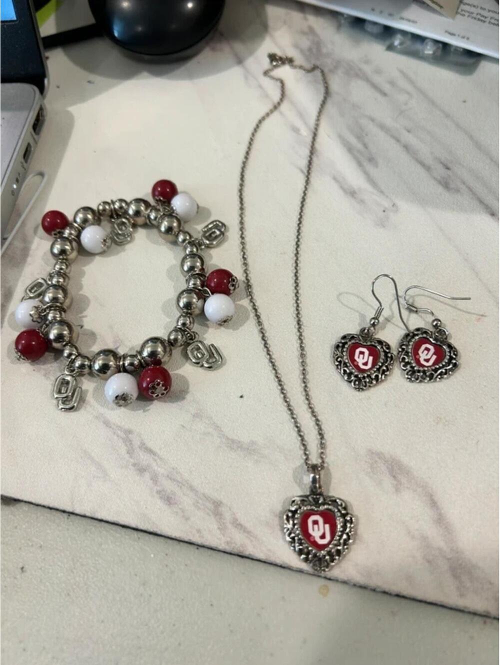 OU necklace earrings & charm bracelet set
